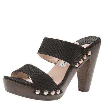 Pre Owned Jimmy Choo Black Python Embossed Wooden Platform Slides Size 37.5
