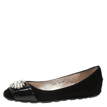 Pre Owned Jimmy Choo Black Suede and Patent Leather Jeweled Ballet Flats Size 37.5