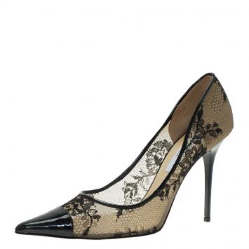 Pre Owned Jimmy Choo Black Lace and Patent Amika Cap Toe Pointed Pumps Size 40