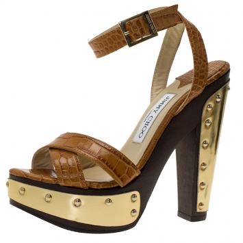 Pre Owned Jimmy Choo Tan Croc Embossed Ultimate Wooden Ankle Strap Platform Sandals Size 35.5