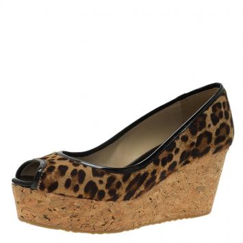 Pre Owned Jimmy Choo Leopard Pony Hair Purdey Peep Toe Cork Wedge Pumps Size 35.5