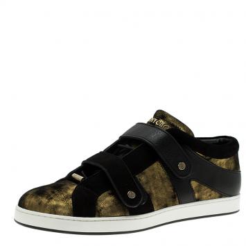 Pre Owned Jimmy Choo Gold Metallic Leather and Black Suede Yuko Sneakers Size 39.5
