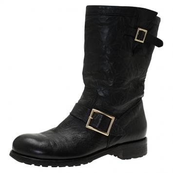 Pre Owned Jimmy Choo Black Leather Youth Biker Boots Size 38.5