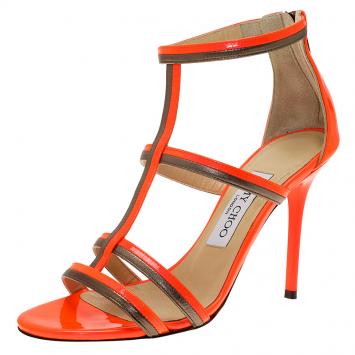 Pre Owned Jimmy Choo Neon Orange Patent Thistle Sandals Size 36.5