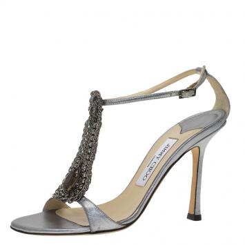 Pre Owned Jimmy Choo Grey Metallic Leather Chain Detail Ankle Strap Sandals Size 37.5