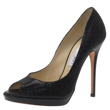 Pre Owned Jimmy Choo Black Glitter Fabric and Leather Luna Peep Toe Platform Pumps Size 39.5