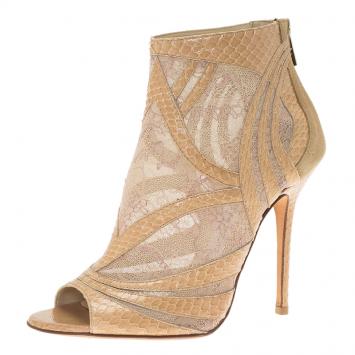 Pre Owned Jimmy Choo Beige Mesh and Python Nexus Ankle Boots Size 38.5