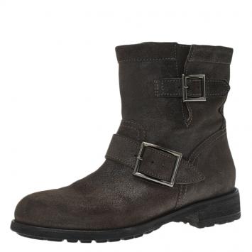 Pre Owned Jimmy Choo Grey Suede Youth Biker Boots Size 36.5