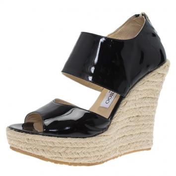 Pre Owned Jimmy Choo Black Patent Patriot Espadrille Wedge Sandals Size 38