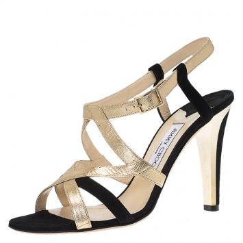 Pre Owned Jimmy Choo Gold Leather and Black Suede Strappy Sandals Size 40