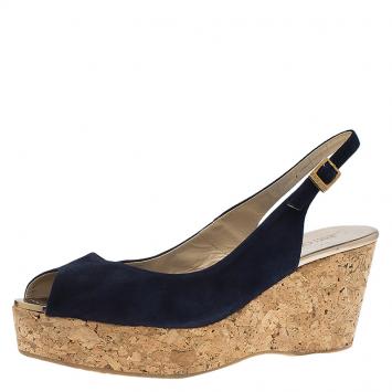 Pre Owned Jimmy Choo Navy Blue Suede Praise Cork Slingback Wedge Sandals Size 40
