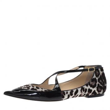 Pre Owned Jimmy Choo Black Leather and Leopard Calf Hair Gamble Crisscross Ballet Flats Size 37.5