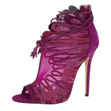 Pre Owned Jimmy Choo Magenta Kafira Mesh and Suede Lace-Up Ankle Boots Size 39.5