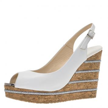 Pre Owned Jimmy Choo White Leather Prova Striped Cork Slingback Wedges Size 39