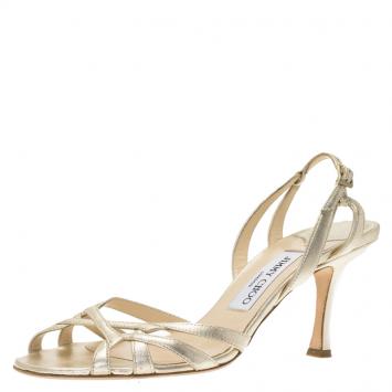 Pre Owned Jimmy Choo Gold Leather Slingback Sandals Size 37.5