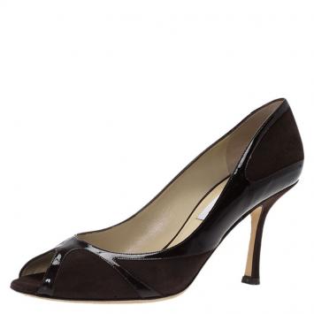 Pre Owned Jimmy Choo Brown Suede and Patent Peep Toe Pumps Size 38