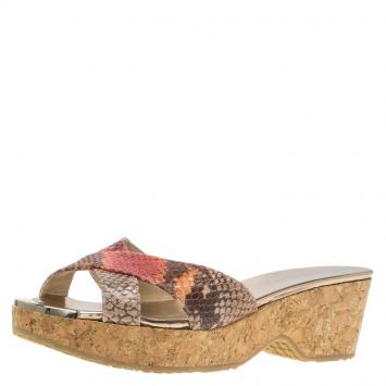 Pre Owned Jimmy Choo Multicolor Python Print Panna Cork Wedge Sandals Size 36.5