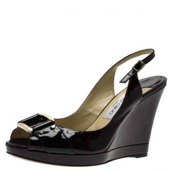Pre Owned Jimmy Choo Burgundy Patent Buckle Detail Slingback Sandals Size 39.5