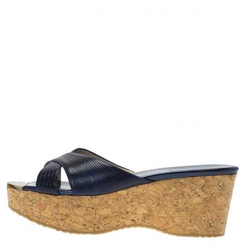 Pre Owned Jimmy Choo Blue Snake Embossed Leather Pandora Cork Wedges Size 41