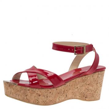 Pre Owned Jimmy Choo Red Patent Panther Cork Wedge Sandals Size 40