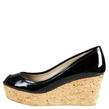 Pre Owned Jimmy Choo Black Patent Parley Cork Wedge Pumps Size 36