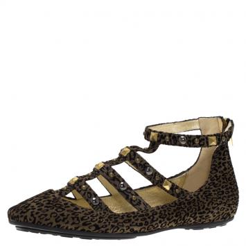 Pre Owned Jimmy Choo Brown Leopard Print Studded Suede Walton Gladiator Flats Size 38.5