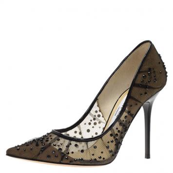 Pre Owned Jimmy Choo Black Crystal Embellished Mesh Kelson Pumps Size 36