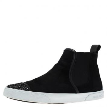 Pre Owned Jimmy Choo Black Velvet and Leather Dellavel High Top Sneakers Size 38.5