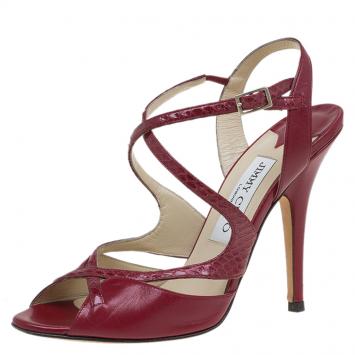 Pre Owned Jimmy Choo Red Leather and Python Criss Cross Strap Sandals Size 35.5