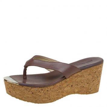 Pre Owned Jimmy Choo Brown Leather Pathos Thong Cork Wedge Slides Size 38.5