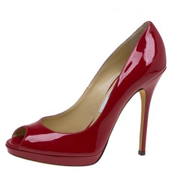 Pre Owned Jimmy Choo Red Patent Quiet Peep Toe Platform Pumps Size 38