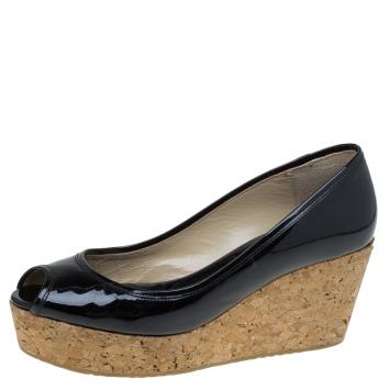 Pre Owned Jimmy Choo Black Patent Parley Open Toe Cork Wedge Pumps  Size 39.5