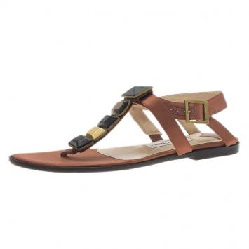 Pre Owned Jimmy Choo Orange Embellished Satin Thong Sandals Size 38 