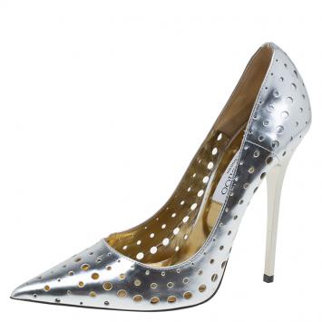 Pre Owned Jimmy Choo Silver Mirror Perforated Leather Mime Pumps Size 38