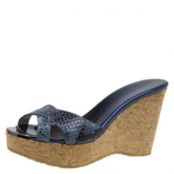 Pre Owned Jimmy Choo Metallic Blue Python Prima Cork Wedge Sandals Size 38