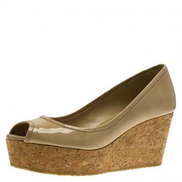 Pre Owned Jimmy Choo Beige Patent Parley Peep Toe Cork Wedge Pumps Size 37