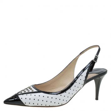 Pre Owned Jimmy Choo Black Patent and White Studded Leather Dutch Slingback Sandals Size 40