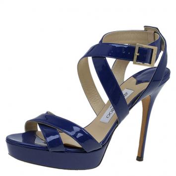 Pre Owned Jimmy Choo Blue Patent Vamp Platform Sandals Size 38.5
