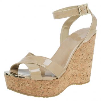 Pre Owned  Jimmy Choo Beige Patent Papyrus Cork Wedge Ankle Strap Sandals Size 36