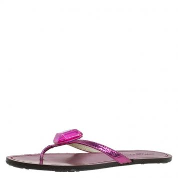 Pre Owned Jimmy Choo Metallic Pink Gem Embellished Flat Sandals Size 37.5