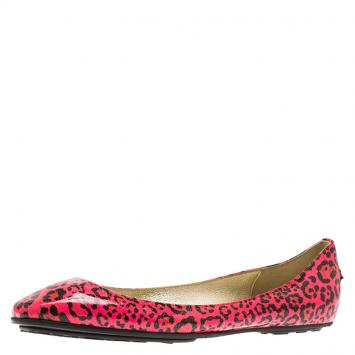 Pre Owned Jimmy Choo Florescent Pink Leopard Print Patent Ballet Flats Size 37