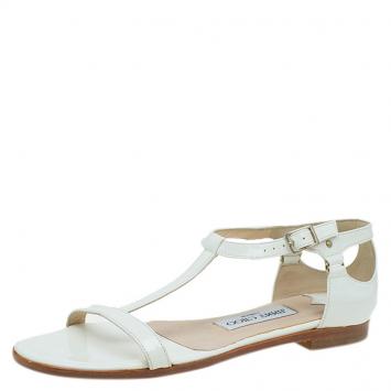 Pre Owned Jimmy Choo White Patent Ankle Strap Flat Sandals Size 36