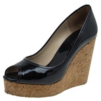 Pre Owned Jimmy Choo Black Patent Papina Cork Wedge Pumps Size 39