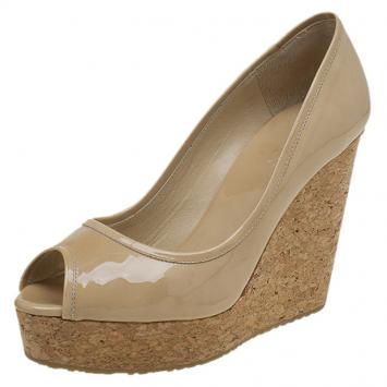 Pre Owned Jimmy Choo Beige Patent Papina Cork Wedge Pumps Size 39.5