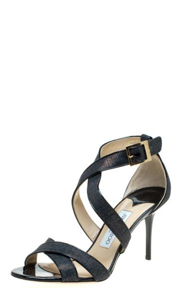 Pre Owned Jimmy Choo Metallic Black Denim and Patent Louise Crisscross Sandals Size 38