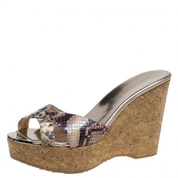 Pre Owned Jimmy Choo Brown Snake Print Perfume Cork Wedge Slides Size 39