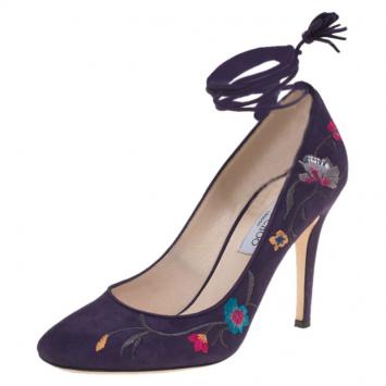 Pre Owned Jimmy Choo Purple Floral Embroidered Suede Chelan Tie Up Pumps Size 40