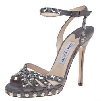 Pre Owned Jimmy Choo Metallic Grey Suede Joni Crystal Embellished Ankle Strap Sandals Size 38