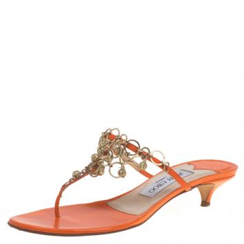 Pre Owned Jimmy Choo Orange Leather Embellished Kitten Heel Sandals Size 38