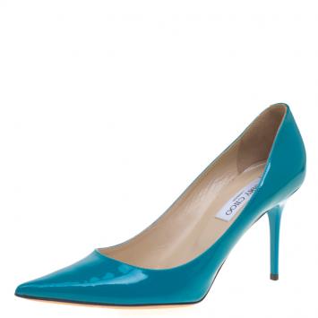 Pre Owned Jimmy Choo Azure Blue Patent Leather Abel Pointed Toe Pumps Size 41.5